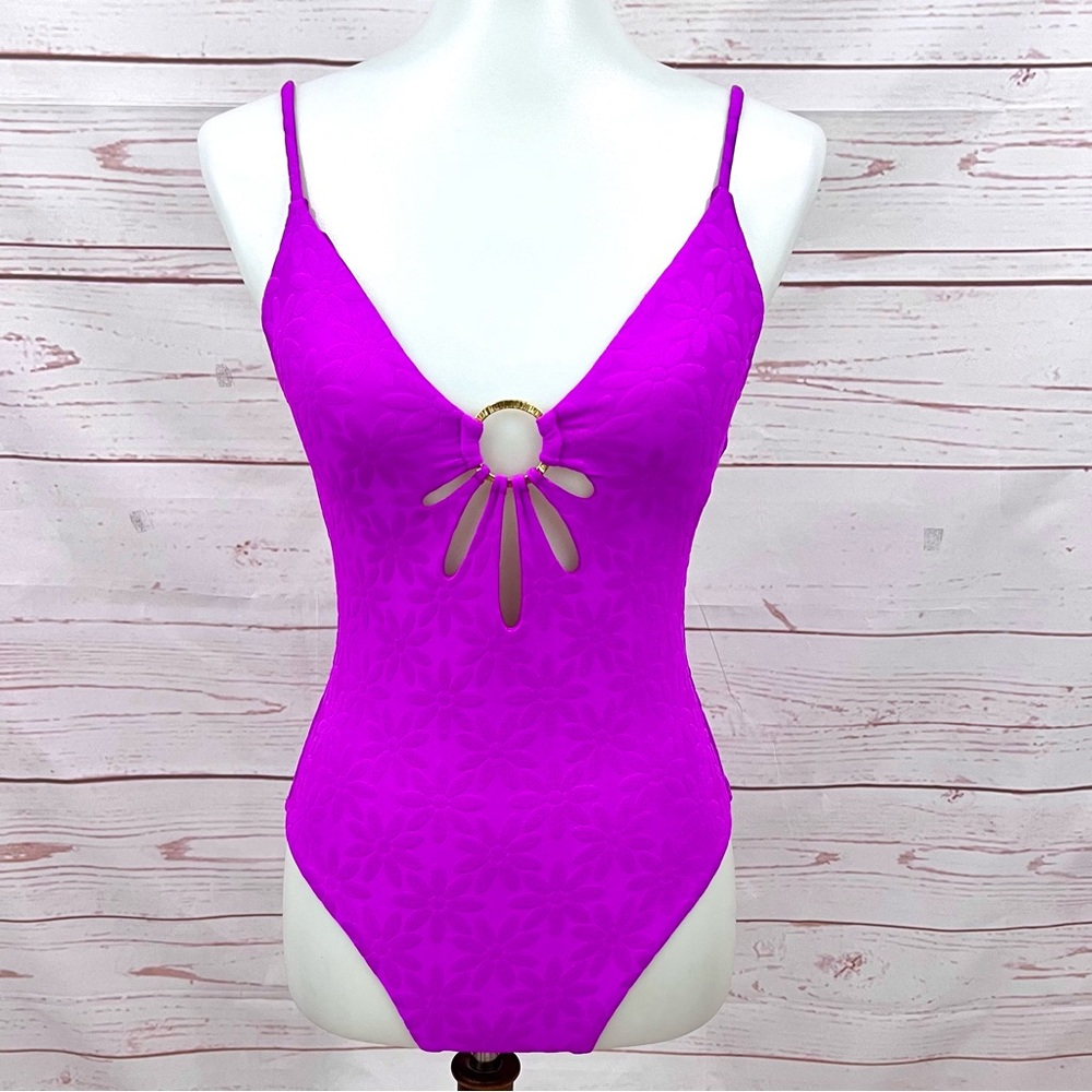 Trina Turk Magenta Floral Jacquard Joplin Petal Cutout One Piece Swimsuit